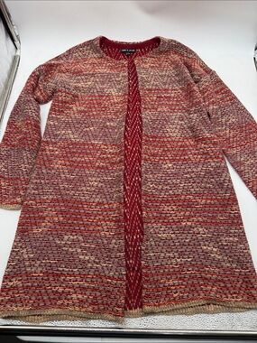 Cable & Gauge Single Clasp Open Sweater Red Metallic Multi-Color Large